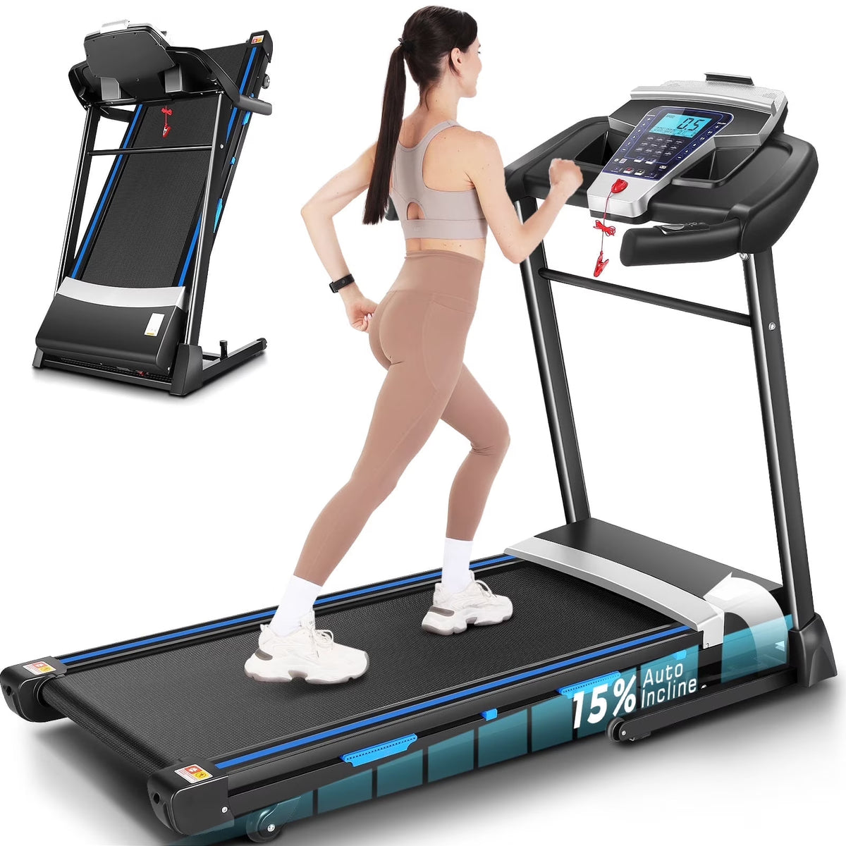 ANCHEER Folding Treadmill with 15% Auto Incline,3.25HP Ultra-silent Motor, Speed Range of 0.6~10MPH,300lb Capacity, APP Bluetooth...