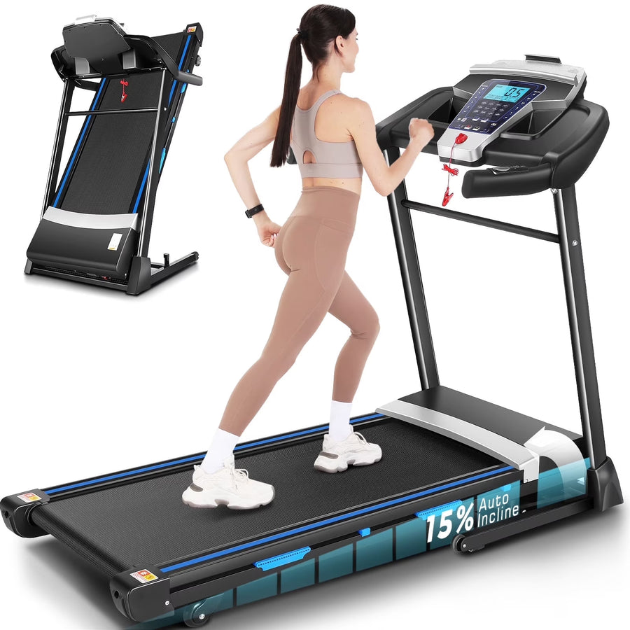 ANCHEER Folding Treadmill with 15% Auto Incline,3.25HP Ultra-silent Motor, Speed Range of 0.6~10MPH,300lb Capacity, APP Bluetooth...