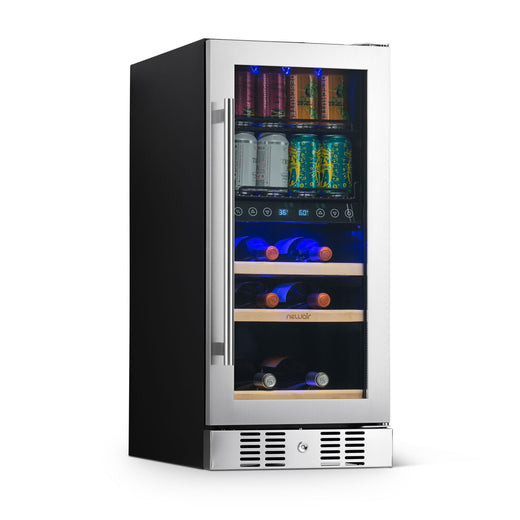 Newair 15 Dual Zone Beverage Cooler with Removable Beech Wood Shelves, Stainless Steel