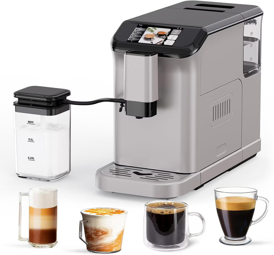 Full Automatic Espresso Machine with Built-In Grinder & Milk Frother - FTF Touchscreen Coffee Maker for Latte/Cappuccino, 20 Bar Pressur & 1.5L...