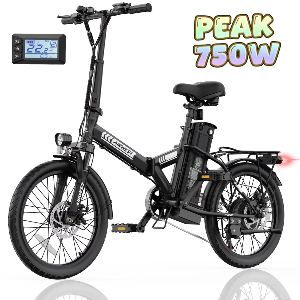 AIRWEST 20 in Foldable Electric Bike for Adults, Compact Commuter eBike with 500W Motor 750W Peak, Removable 48V 7.8Ah Battery, 50 Miles PAS...