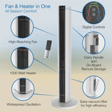 Lasko 42 in 1500W All Season Tower Fan Space Heater with Timer and Remote, White, FH500 image 6