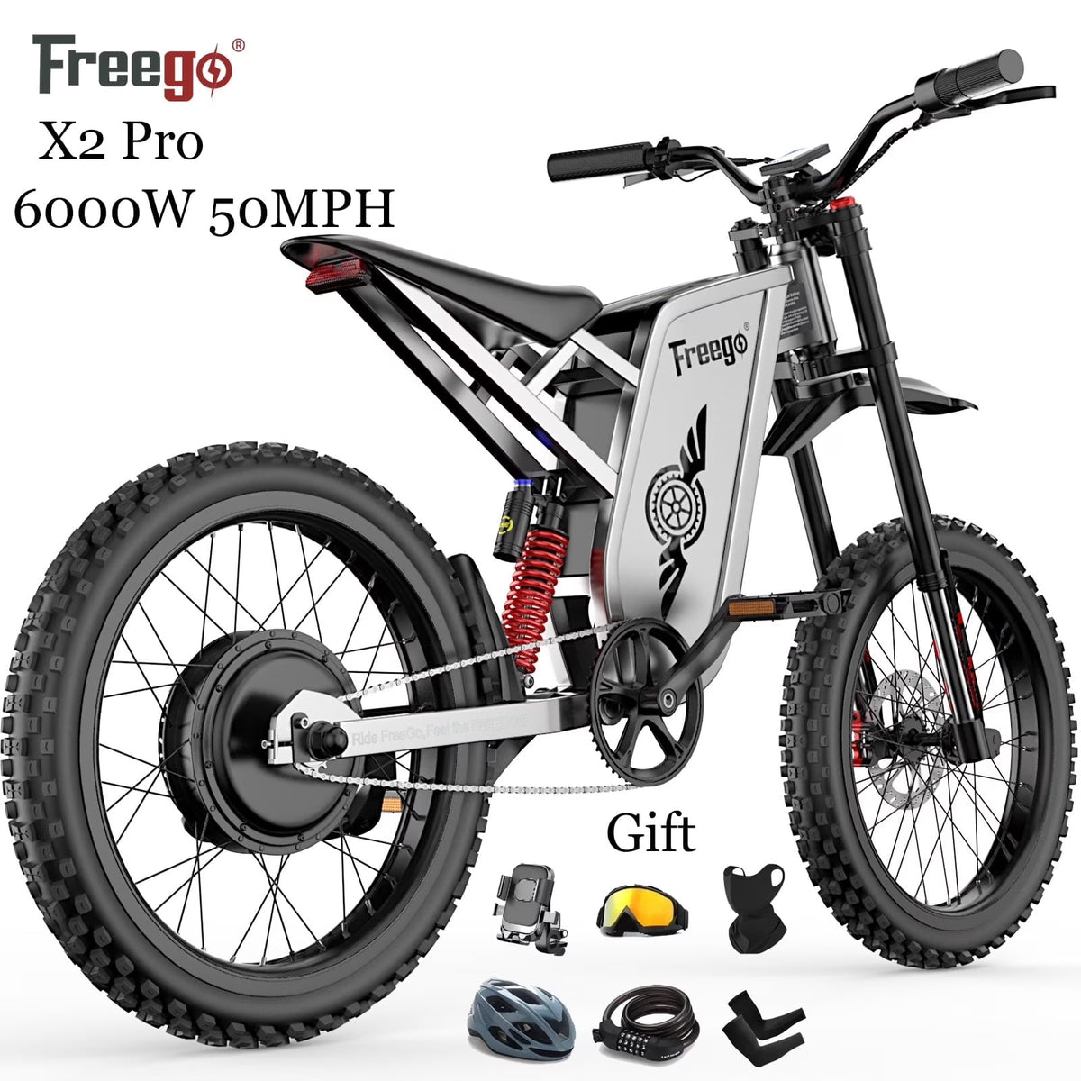 6000W(Peak) Motor 60V/30Ah Battery Freego X2Pro Electric Motorcycle for Adults, Electric Bike,50MPH/7 Speed Off Road Electric Bicycle,19 x 2 Full...
