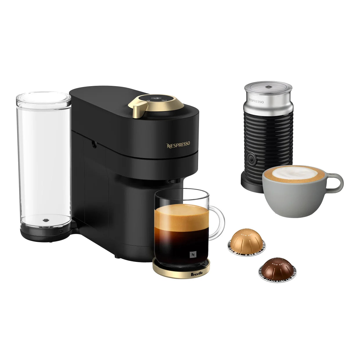 Nespresso Vertuo Pop+ Deluxe Coffee and Espresso Machine by Breville with Aeroccino with $25 Nespresso Coffee Credit, Matte Black and Gold product image 1